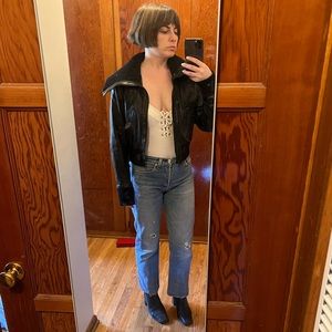 Soft leather cropped bomber coat